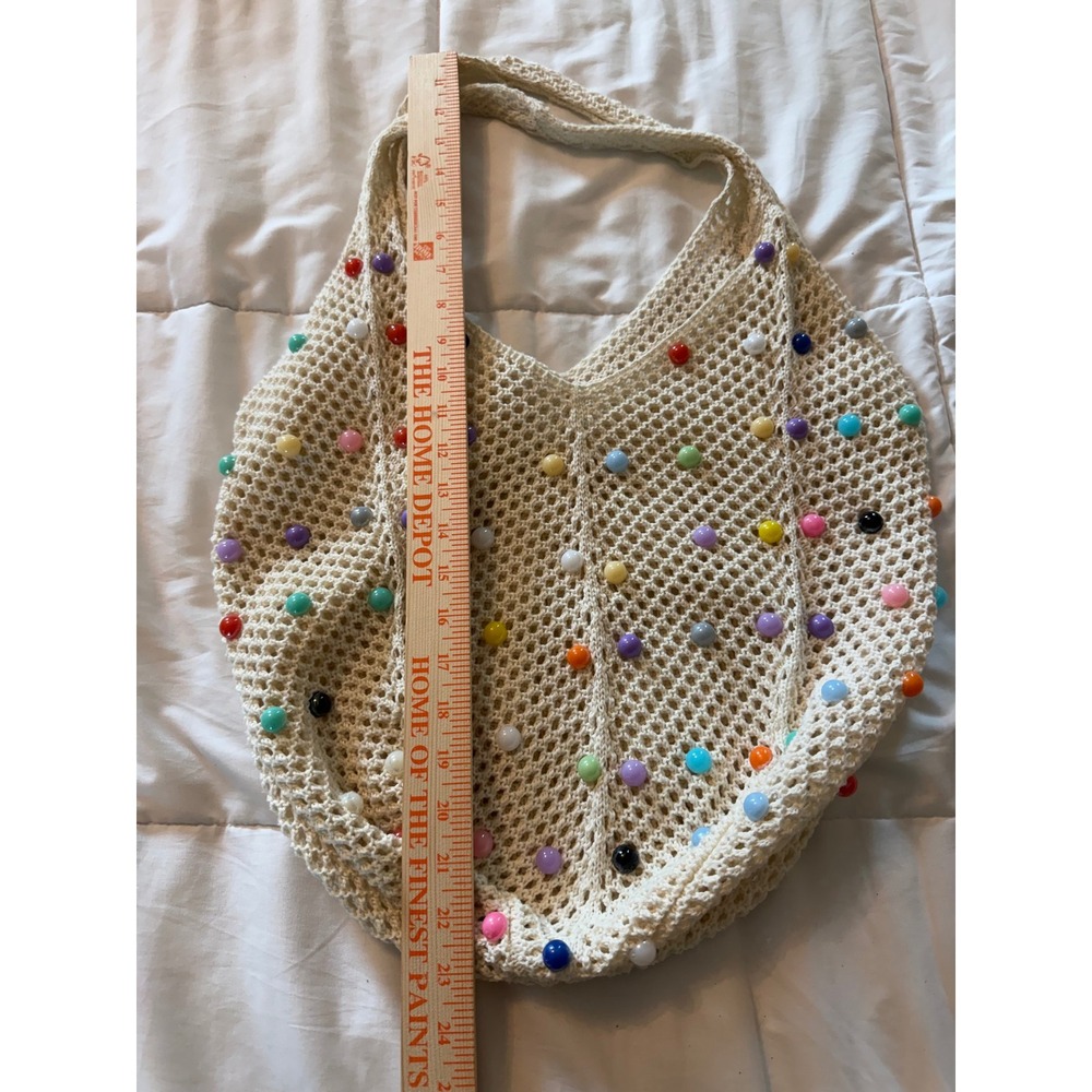 Boho Crochet Net Tote Bag Cream Off White Multi Color Beaded Market Bag Summer - Picture 5 of 5